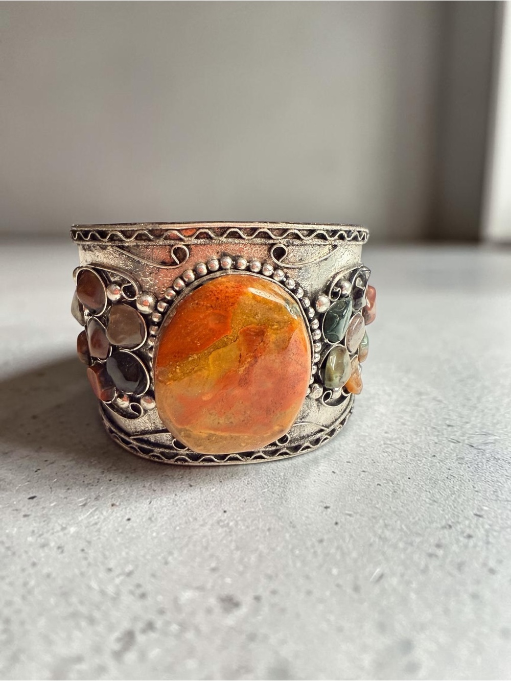 Handcrafted Orange Stone Silver Cuff Bracelet
